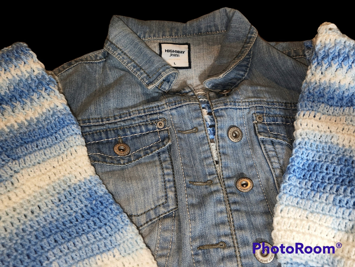 Upcycled Highway Jeans Crochet Denim Cropped Jacket/embellished Jean Jacket/crochet sleeve