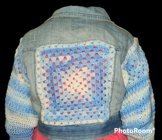 Upcycled Highway Jeans Crochet Denim Cropped Jacket/embellished Jean Jacket/crochet sleeve