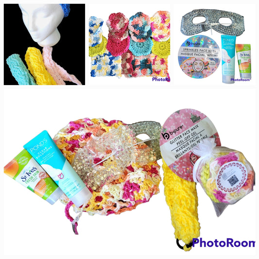 Flower Facial Set (Handmade Crochet)/facial Gift set/exfoliator/cotton scrubby/cotton washcloth/headband/eye mask/face masks