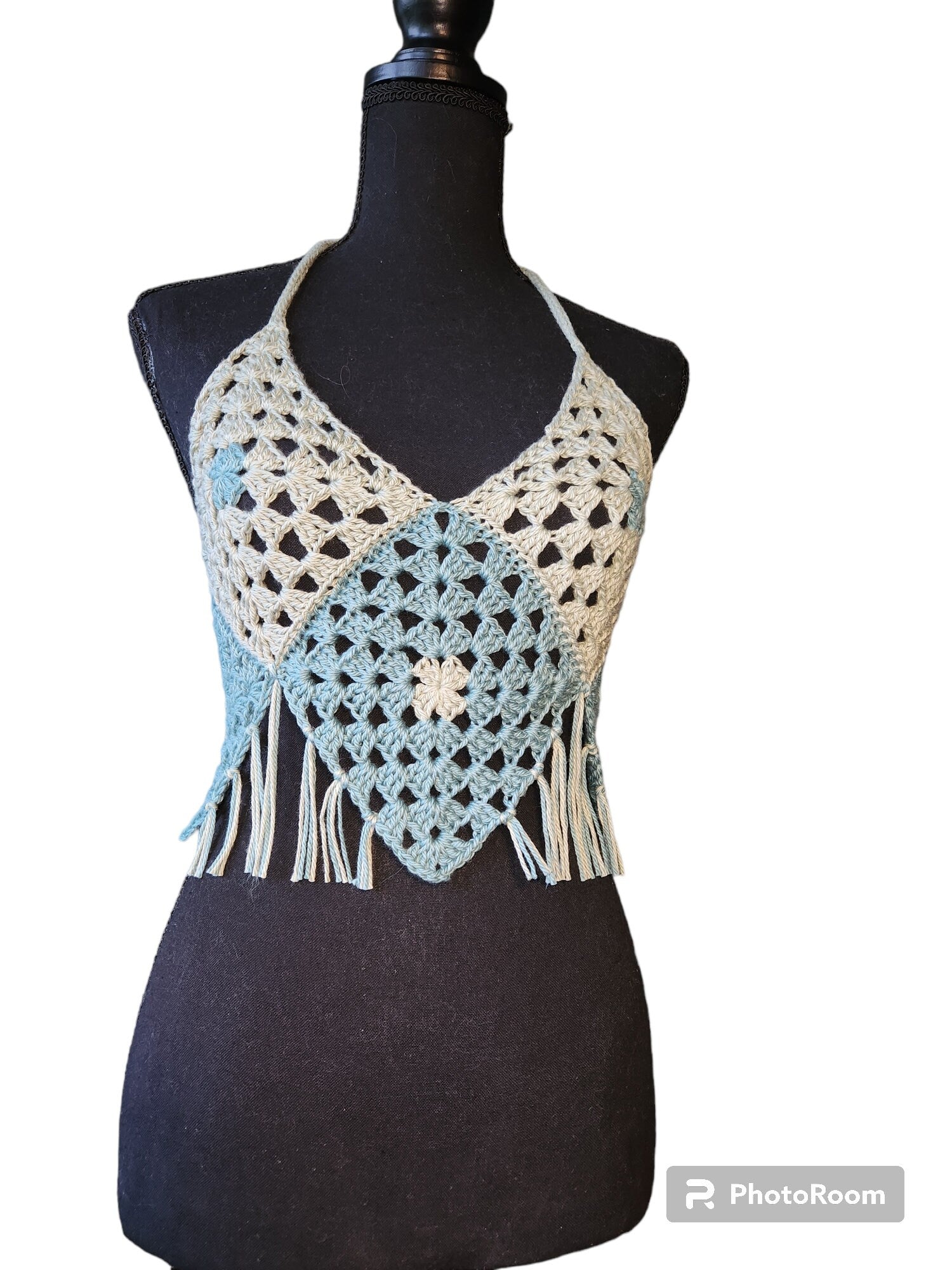 Handmade Crochet Halter Crop top Grany Square with Fringe