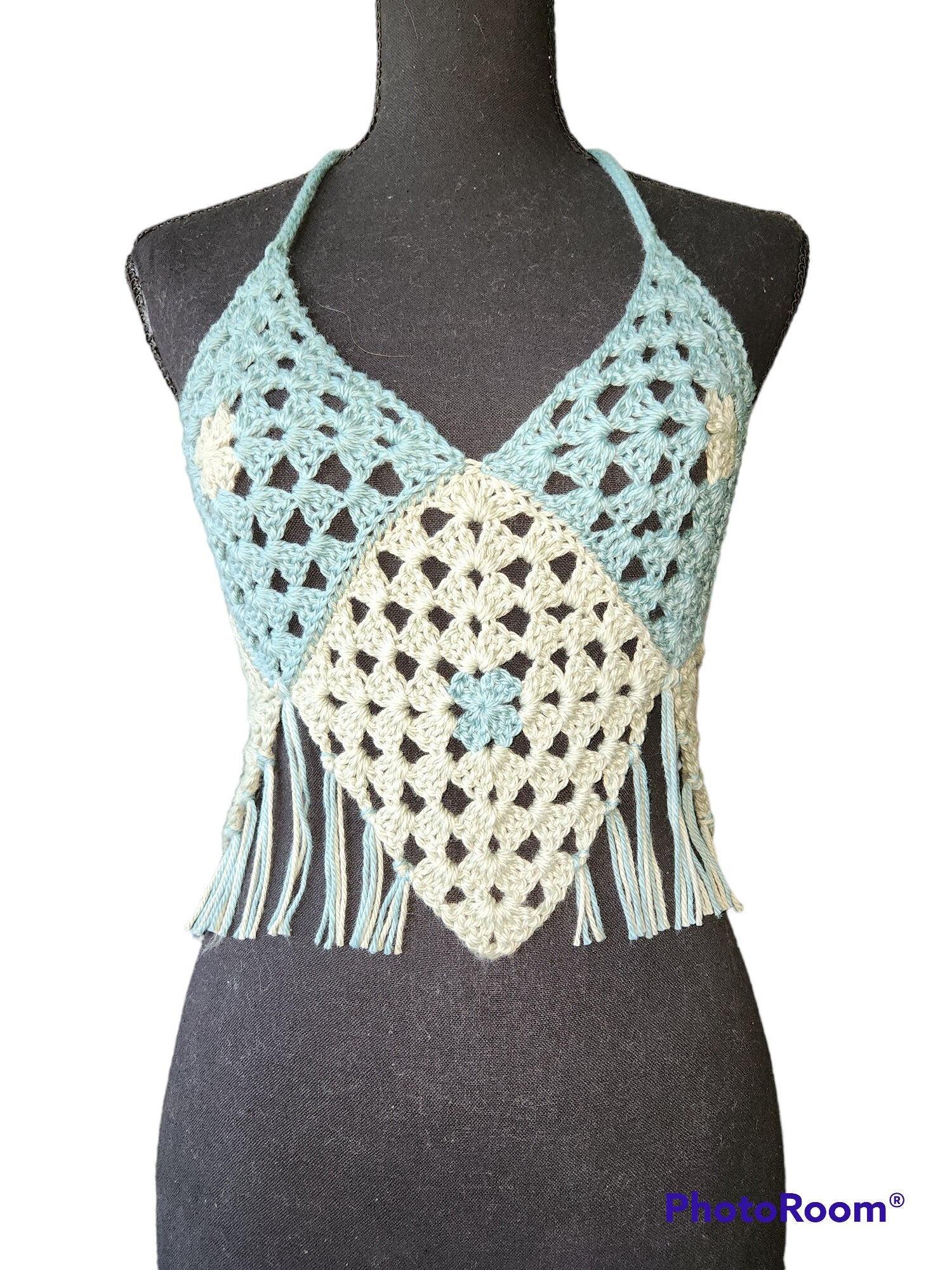 Handmade Crochet Halter Crop top Grany Square with Fringe