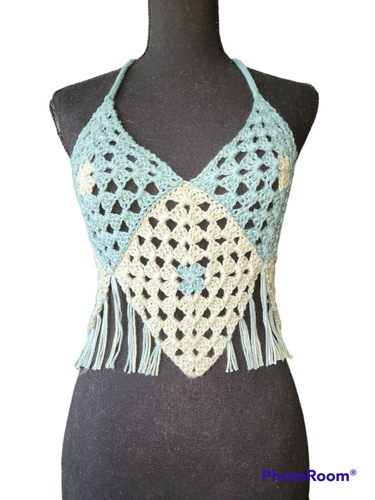 Handmade Crochet Halter Crop top Grany Square with Fringe